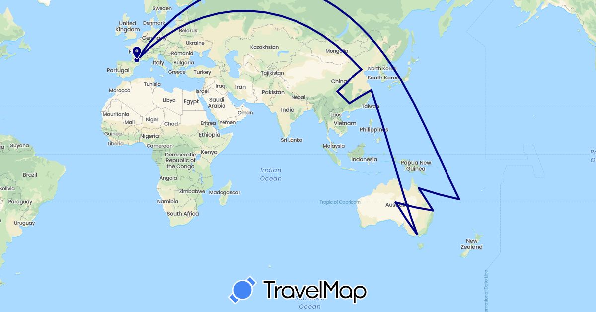 TravelMap itinerary: driving in Australia, China, France, New Caledonia (Asia, Europe, Oceania)